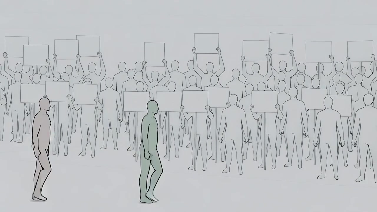 Walking green figure entering from left, leading pink figure at protest with crowd holding signs