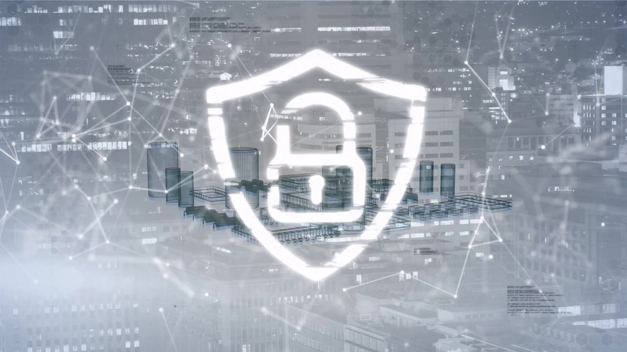 Forming bright shield emblem with padlock over foggy city skyline, showing floating city platform