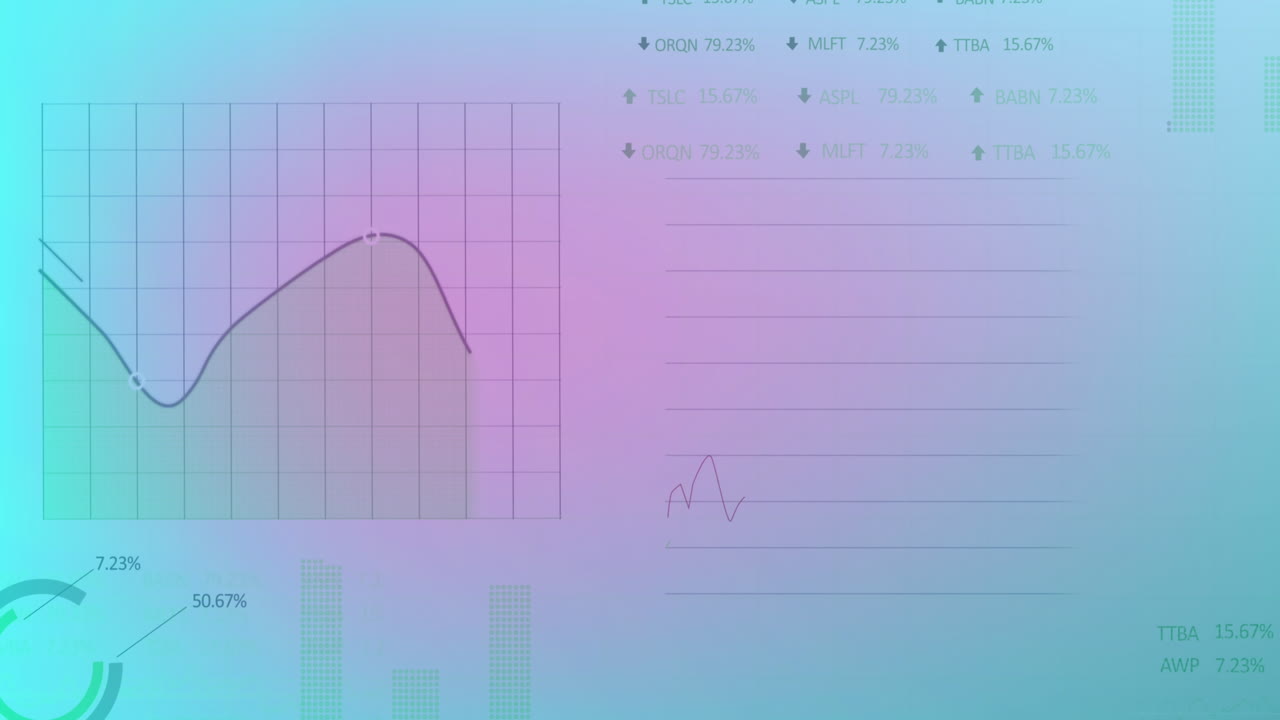 보라색 그라디언트 배경에 대한 통계 및 증권 시장 데이터 처리의 애니메이션