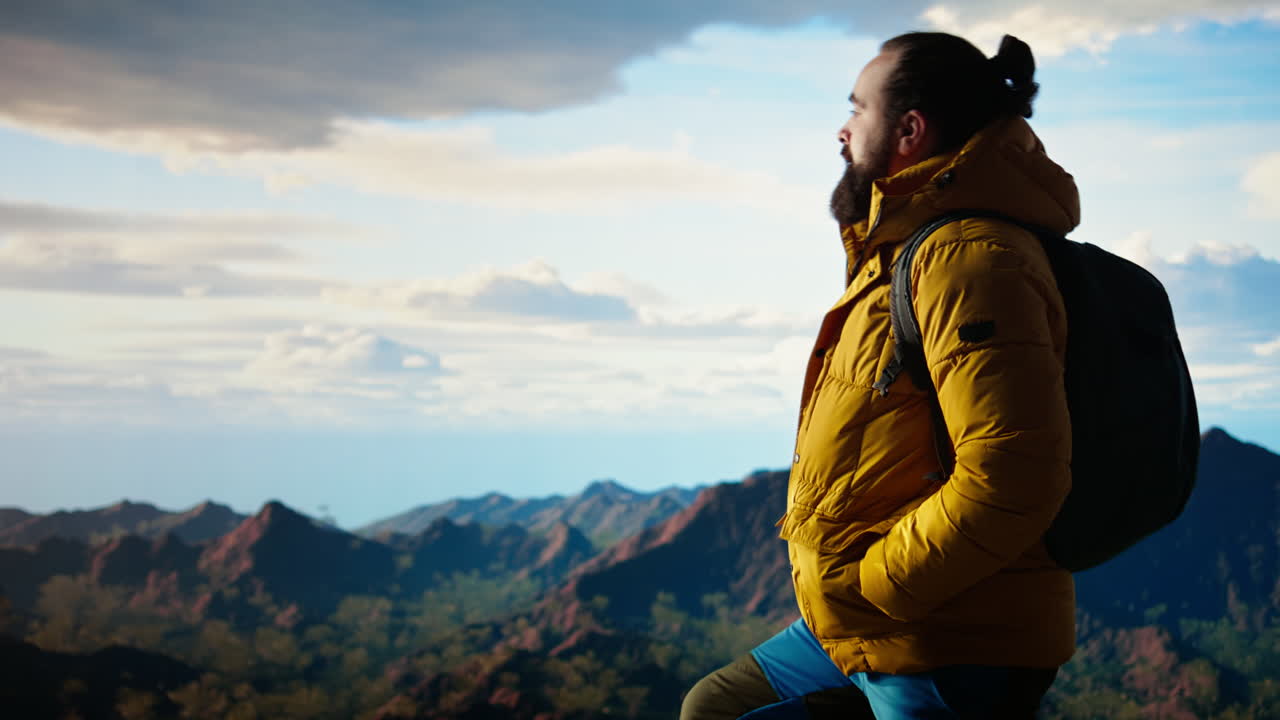 L'escursionista maschio respira profondamente l'aria fresca della montagna sentendosi soddisfatto