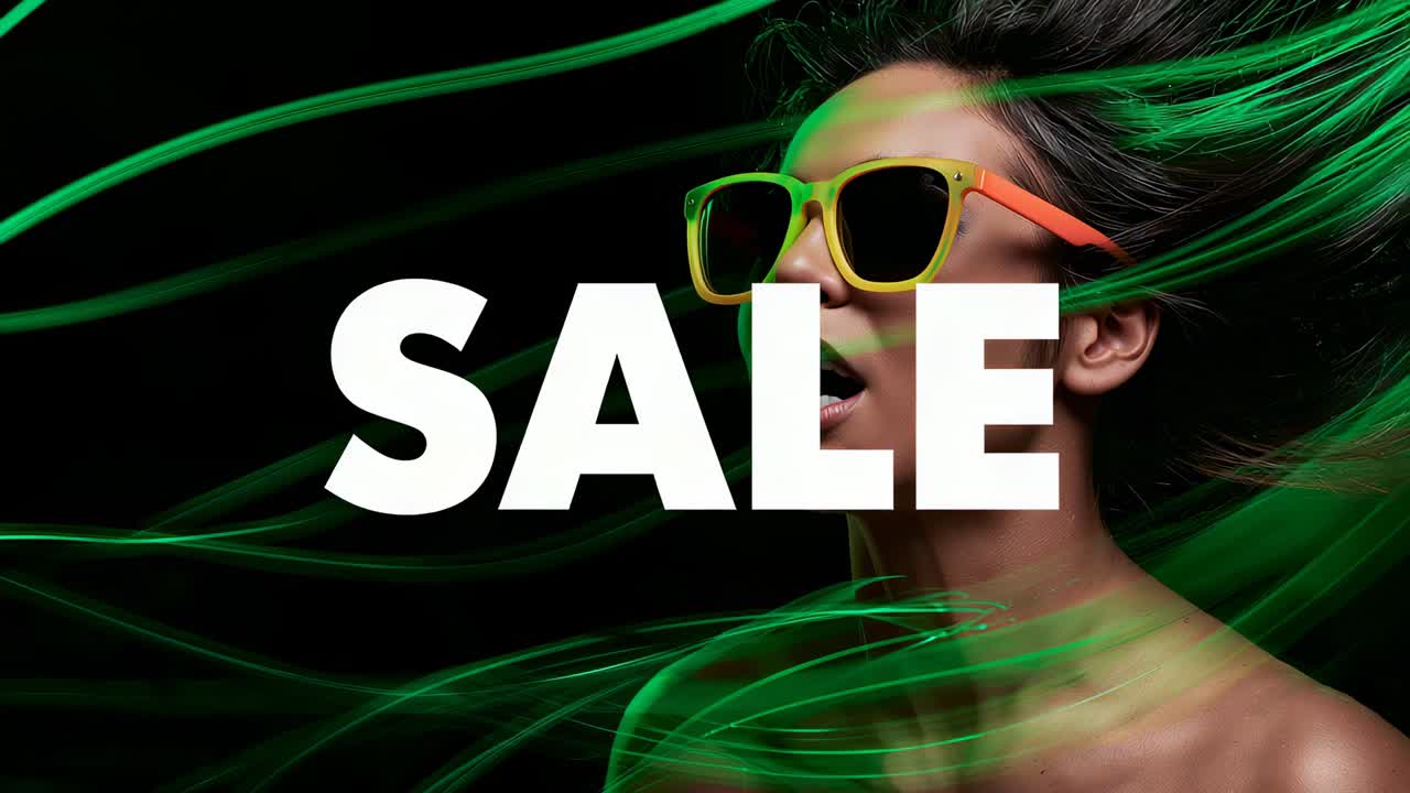 Sweeping green lens flare illuminating white SALE text, neon sunglasses model in studio, copy space