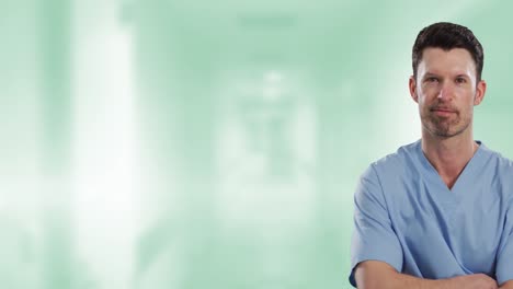 Animation-of-caucasian-male-doctor-over-green-blurred-background