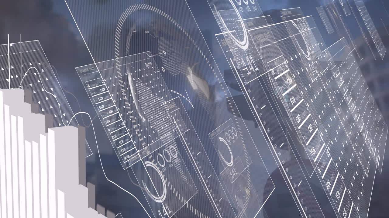 도시 풍경 위의 데이터 처리 애니메이션