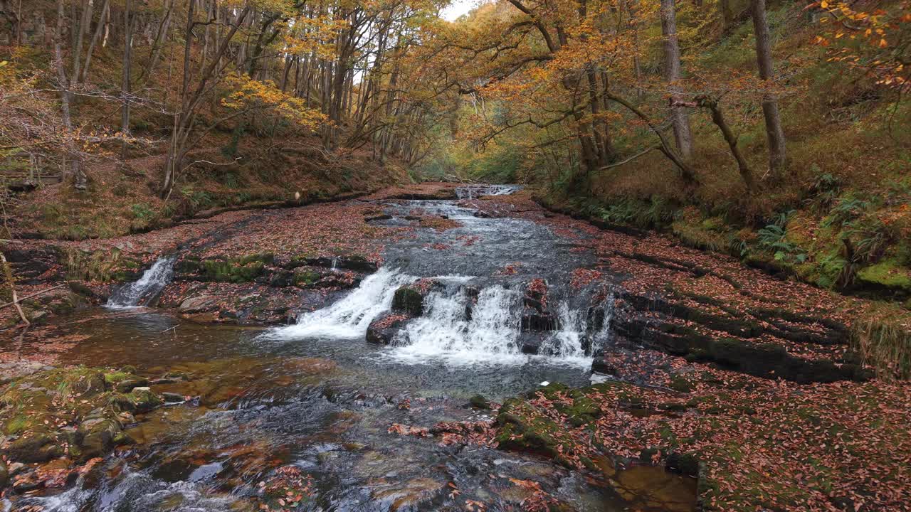 Static shot of waterfalls and cascades flowing over mossy rocks in autumn woodland