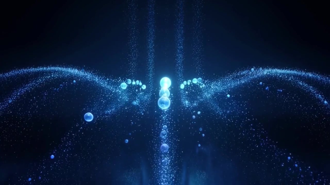 Abstract Blue Particles and Bubbles Flowing in Dark Space