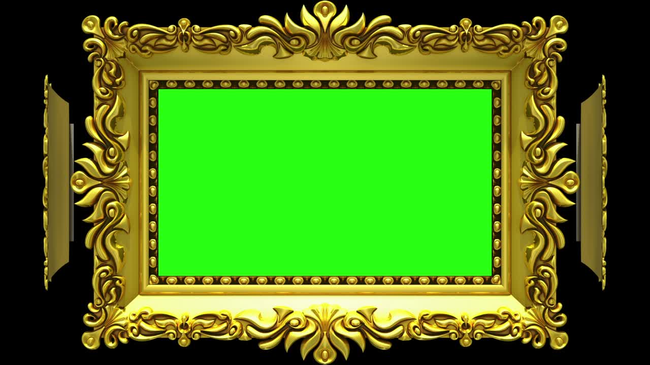 los marcos de oro ornamentados giran en un círculo sobre un fondo negro. bucle sin costuras, animación 3d con ruido de televisión y pantalla verde.