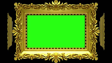 los marcos de oro ornamentados giran en un círculo sobre un fondo negro. bucle sin costuras, animación 3d con ruido de televisión y pantalla verde.