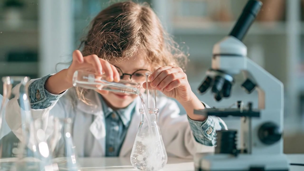 Ricercatrice di laboratorio che regola gli occhiali protettivi accanto a un microscopio