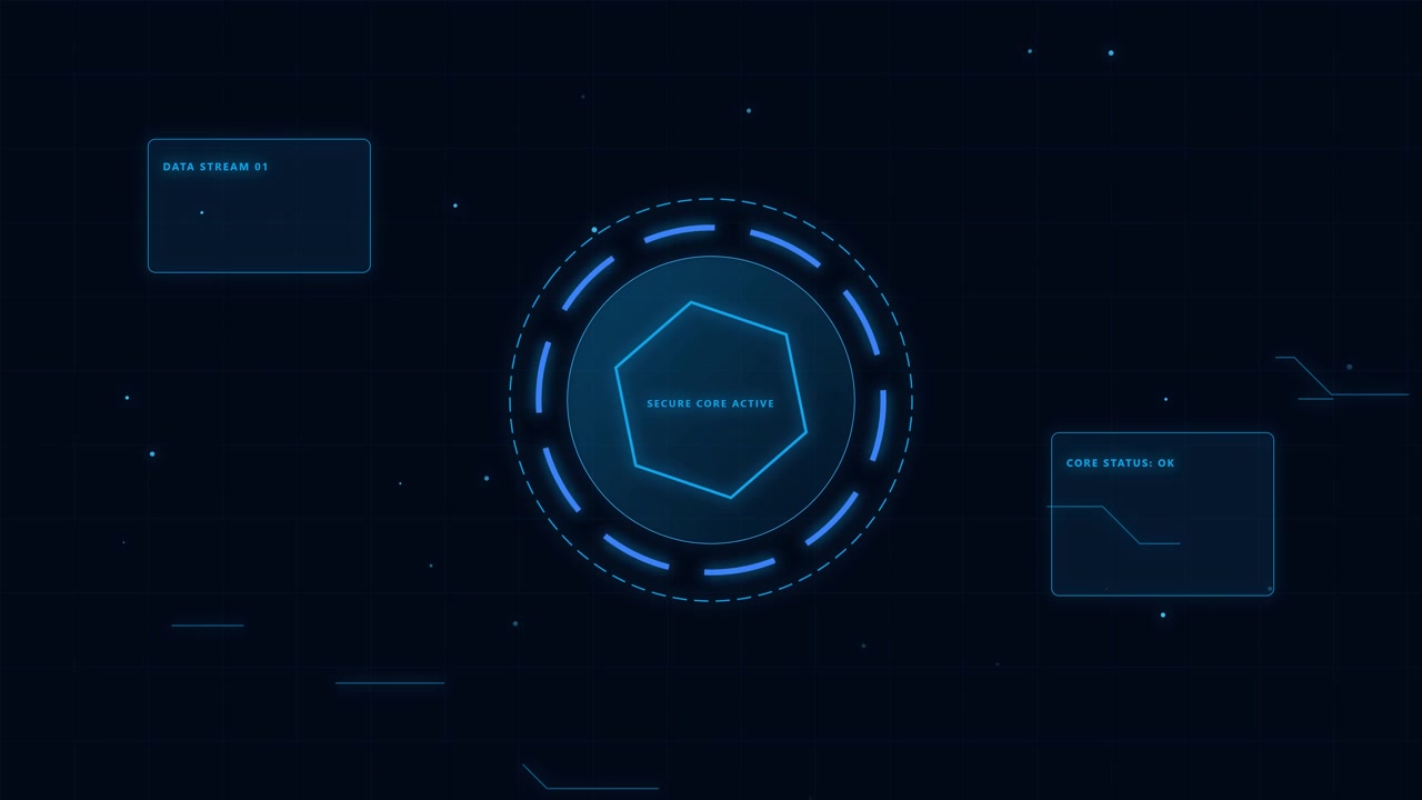 Futuristic Digital Interface with Rotating Hexagon Core