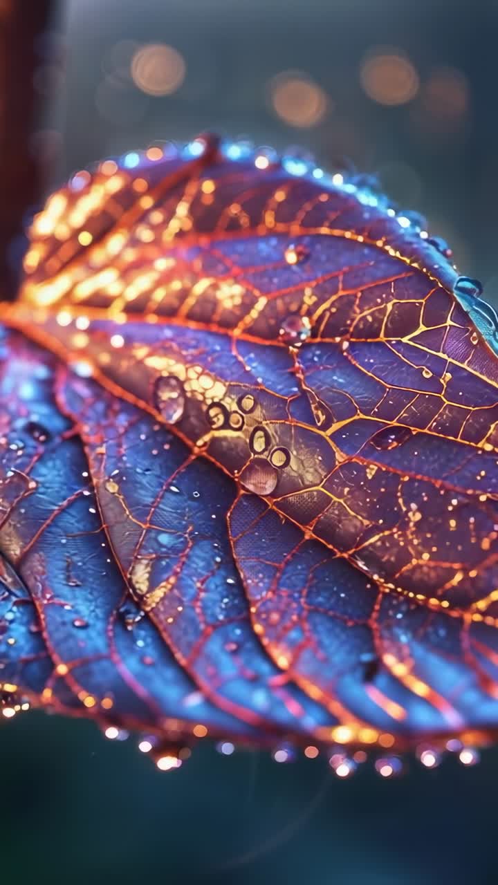 Vertical video: Camera zooming, panning over purple leaf in forest with gold veins, dewdrops, bokeh