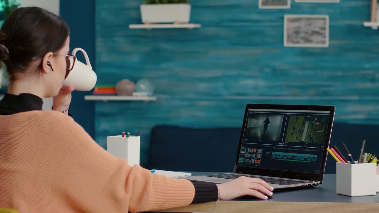 Content creator creating film montage with video editing software