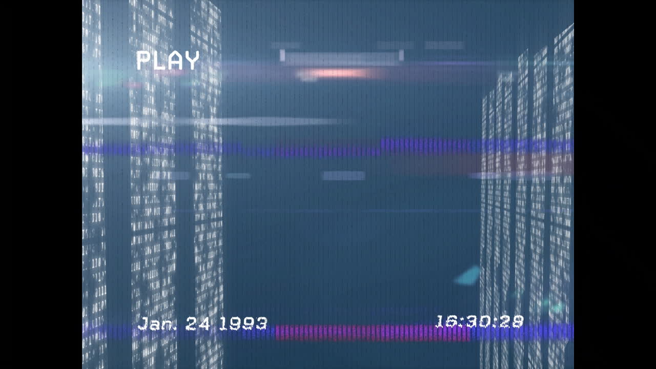 Animation of digital data streams with play icon, evoking retro technology vibe