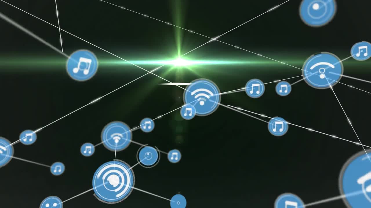 검은색 배경에 아이콘을 가진 연결 네트워크의 애니메이션