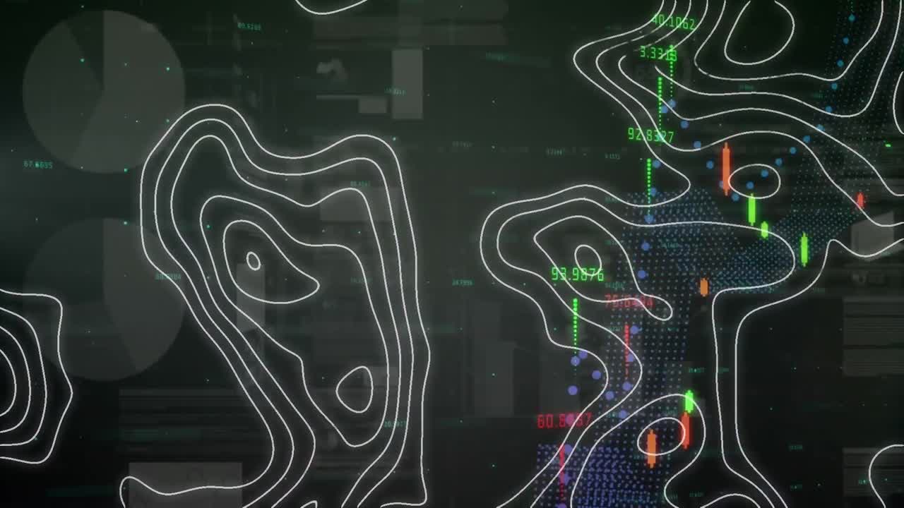 Animation of statistics and financial data processing over white lines