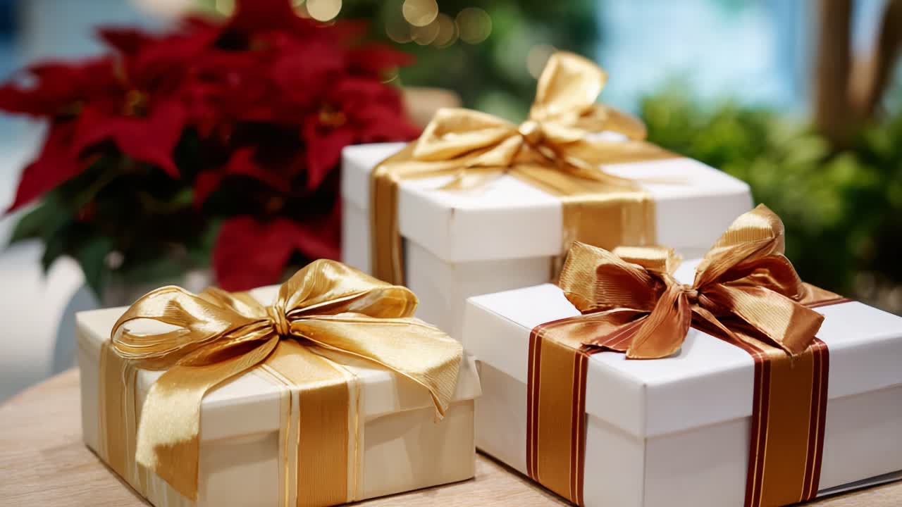 Eleganti confezioni regalo con nastri lucidi, circondate da decorazioni festive, creano un'atmosfera perfetta per celebrazioni e occasioni speciali durante tutto l'anno