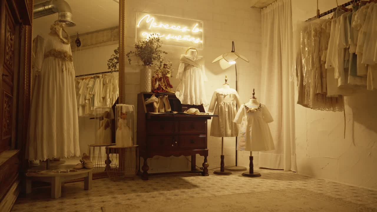 우아한 세례 드레스를 가진 빈티지 부티크