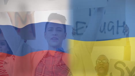 animación de la bandera de ucrania y rusia sobre diversas mujeres y hombres manifestantes
