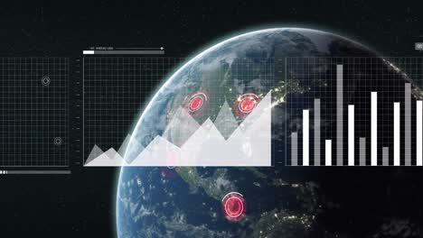 Animation-of-statistical-data-processing-over-globe-against-black-background