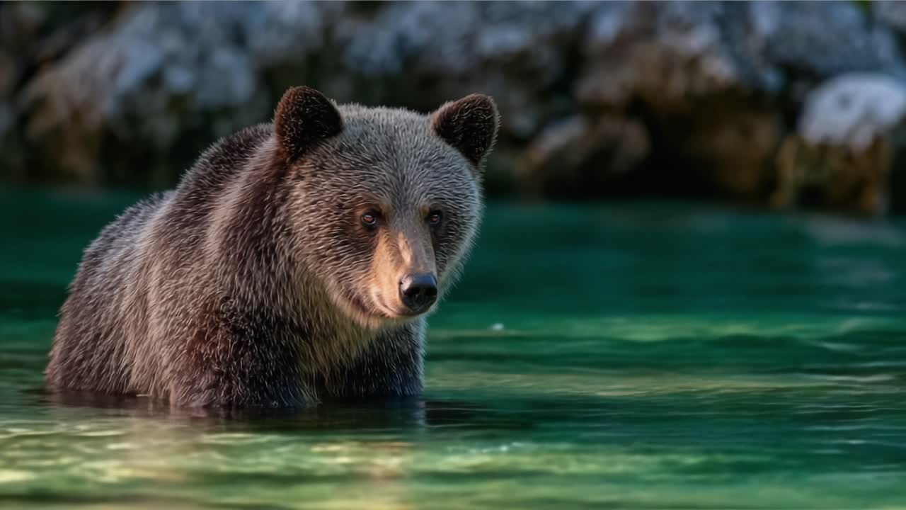 Primo piano accattivante di un orso grizzly in acqua limpida: una creatura maestosa che mostra la bellezza e la meraviglia della natura nel suo habitat.