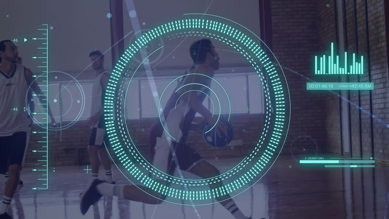 animación de escaneo de alcance y procesamiento de datos sobre diversos hombres jugando al baloncesto
