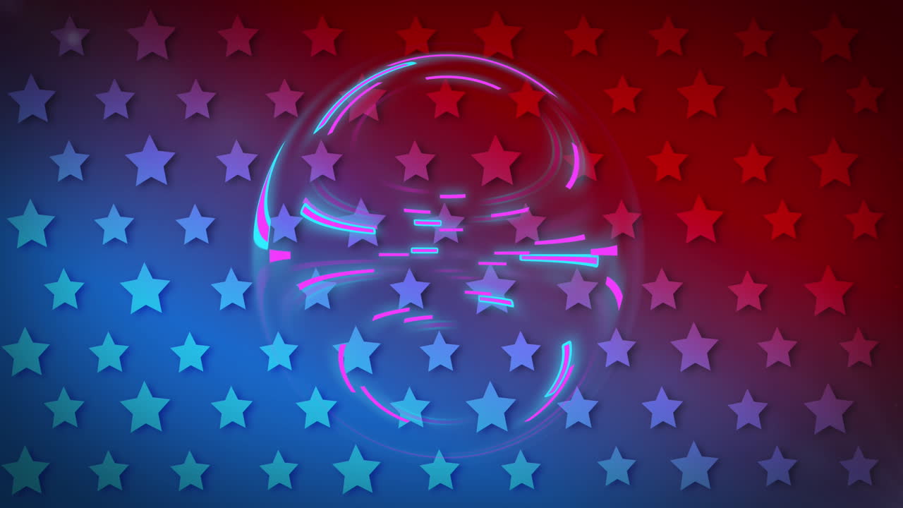 다채로운 별 모양의 배경 위에 회전하는 조명 된 원형 패턴의 애니메이션