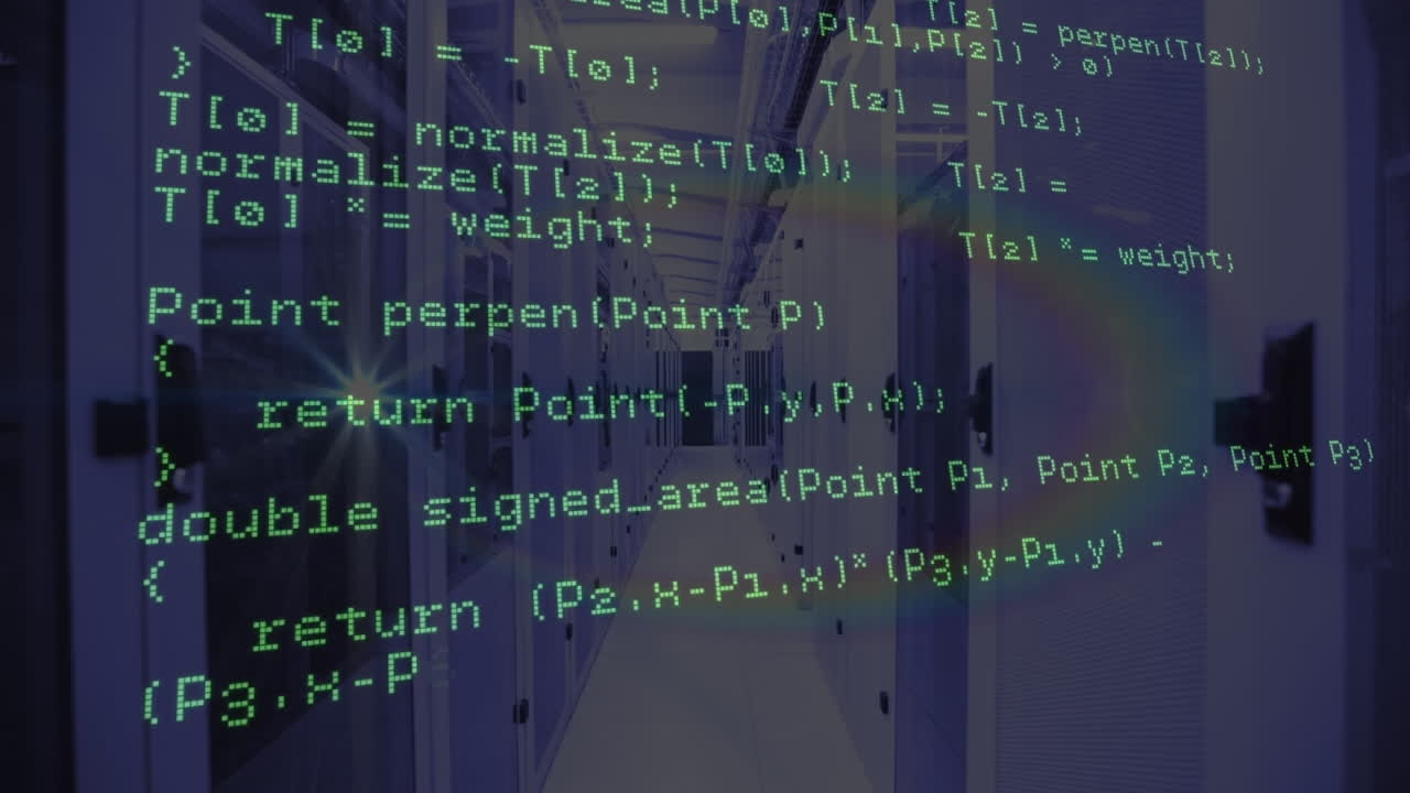 Animation of looping computer language over data server room in background