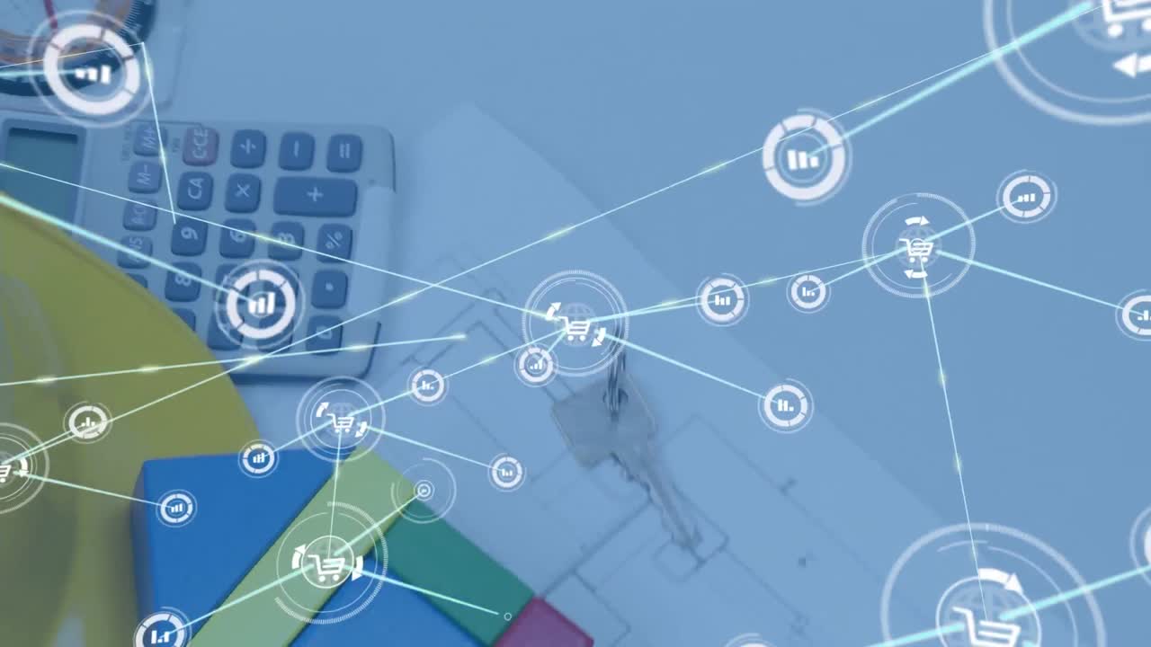 animación de la red de conexiones con iconos sobre modelo de casa 3d y escritorio de arquitectos con planos