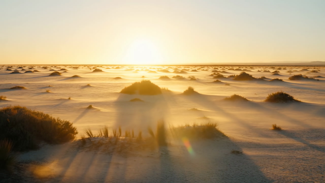 Golden Sunrise Over Misty Desert Shrubland, Golden Hour Light Paints Sand And Shrub Mounds With Long Shadows