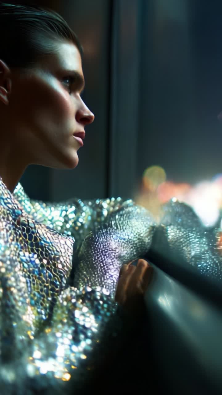 A Reflective Moment Captured in Sparkling Elegance: A Profile of a Fashion-Forward Individual Looking Out a Window with Dazzling Shimmery Texture and Night Lights