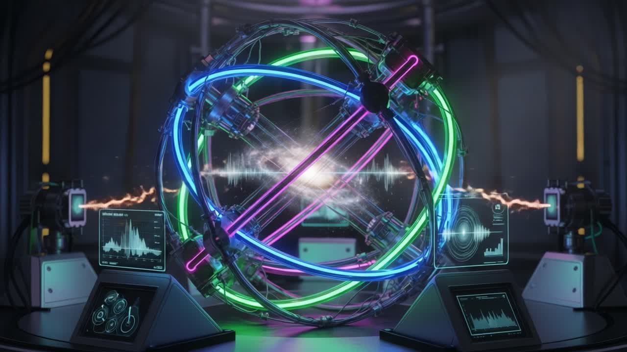 Illuminated Technological Sphere with Dynamic Waves and Interactive Displays Showcasing Sound Patterns in a Futuristic Laboratory Environment