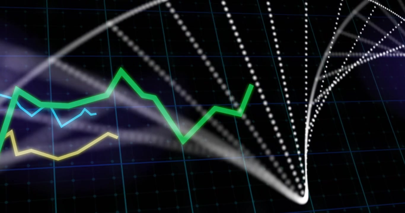 Green line growing sparking dots flowing to lit node while three lines varying, showing data merge
