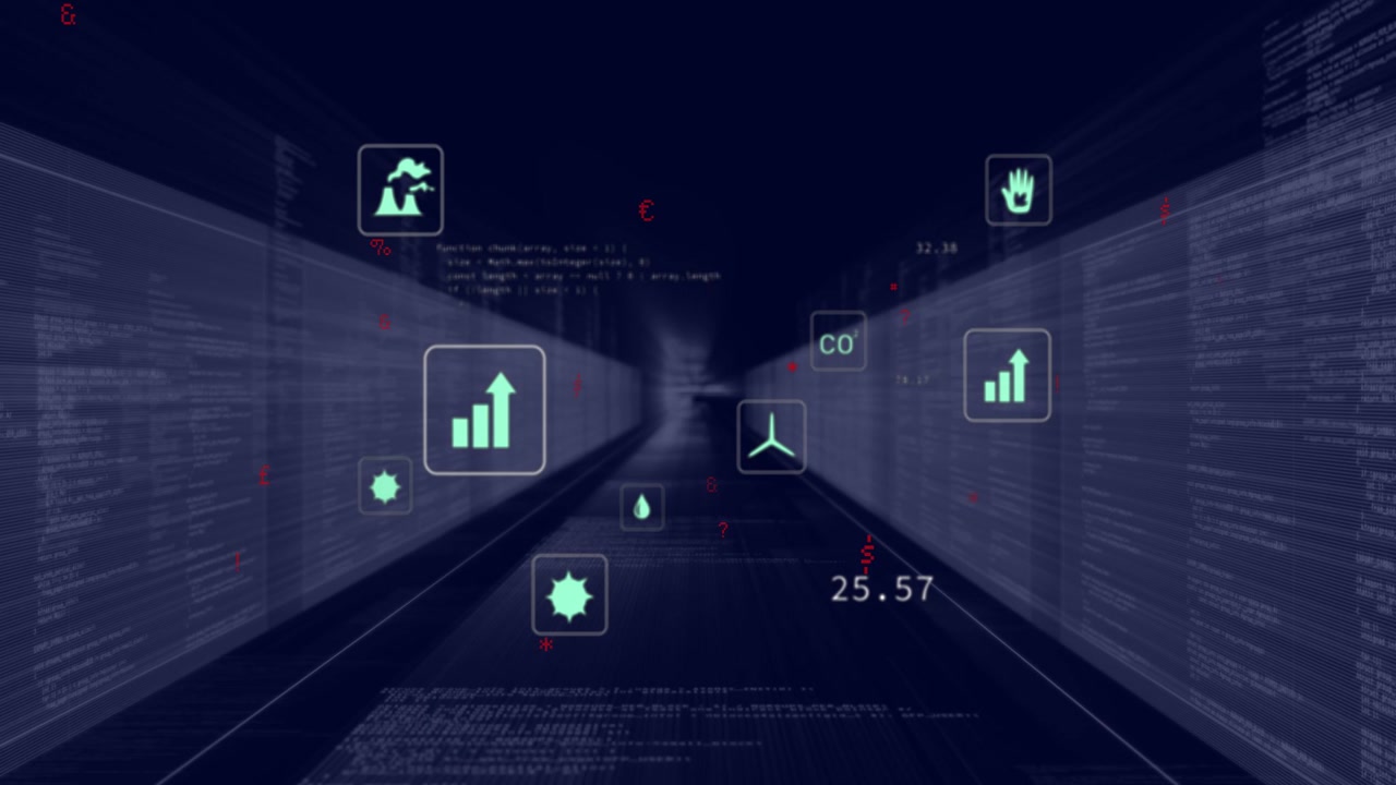 Camera advancing down corridor, causing cyan icons shifting, scaling, updating and showing metrics