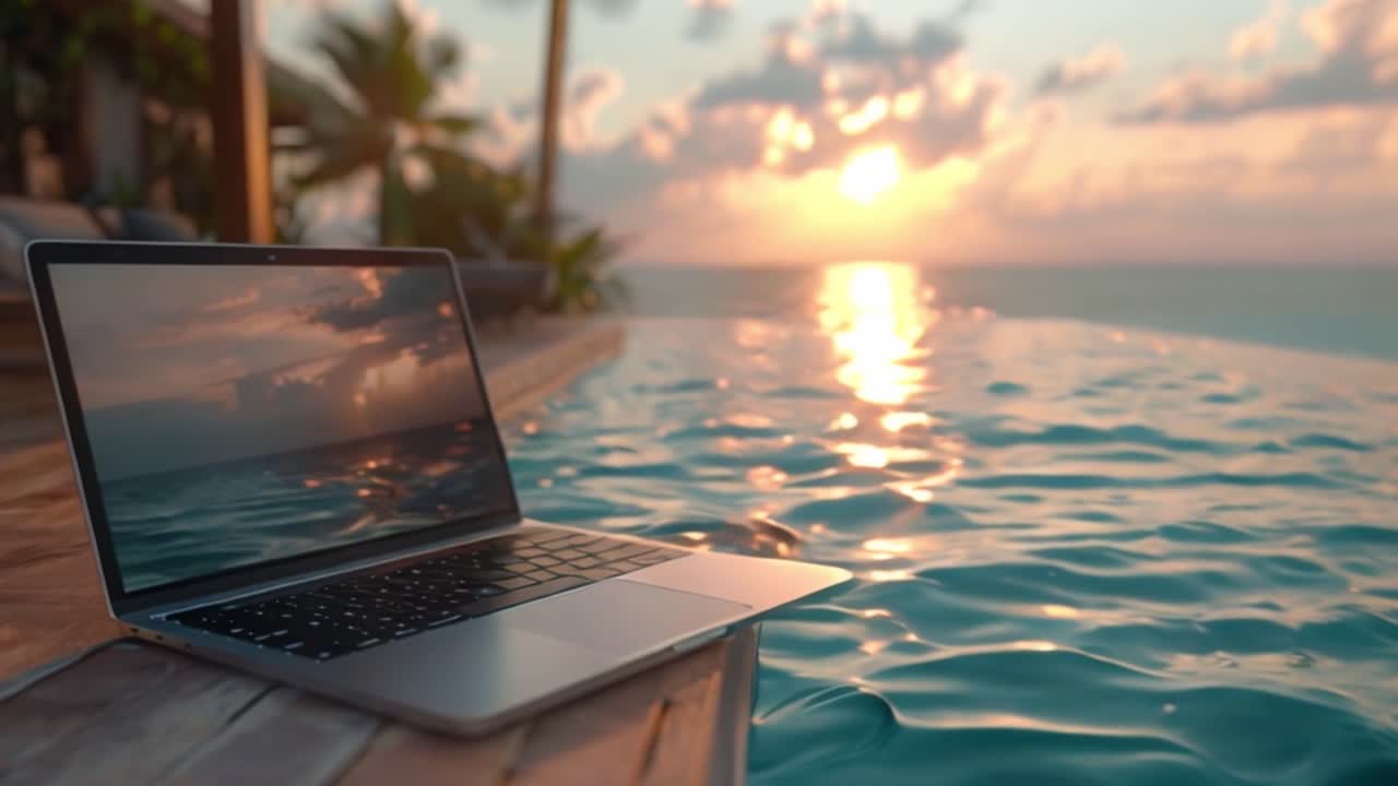 Laptop by an Infinity Pool at Sunset overlooking the Ocean
