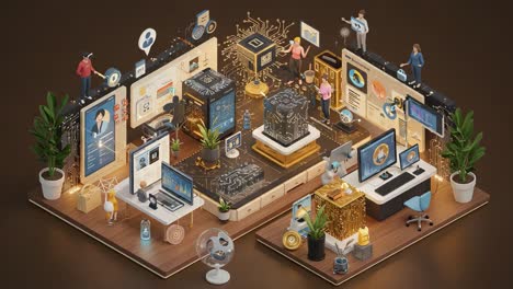 An Engaging Digital Workspace Illustrating Advanced Technology Concepts and Interactivity in a Virtual Environment with 3D Elements and Dynamic Graphics