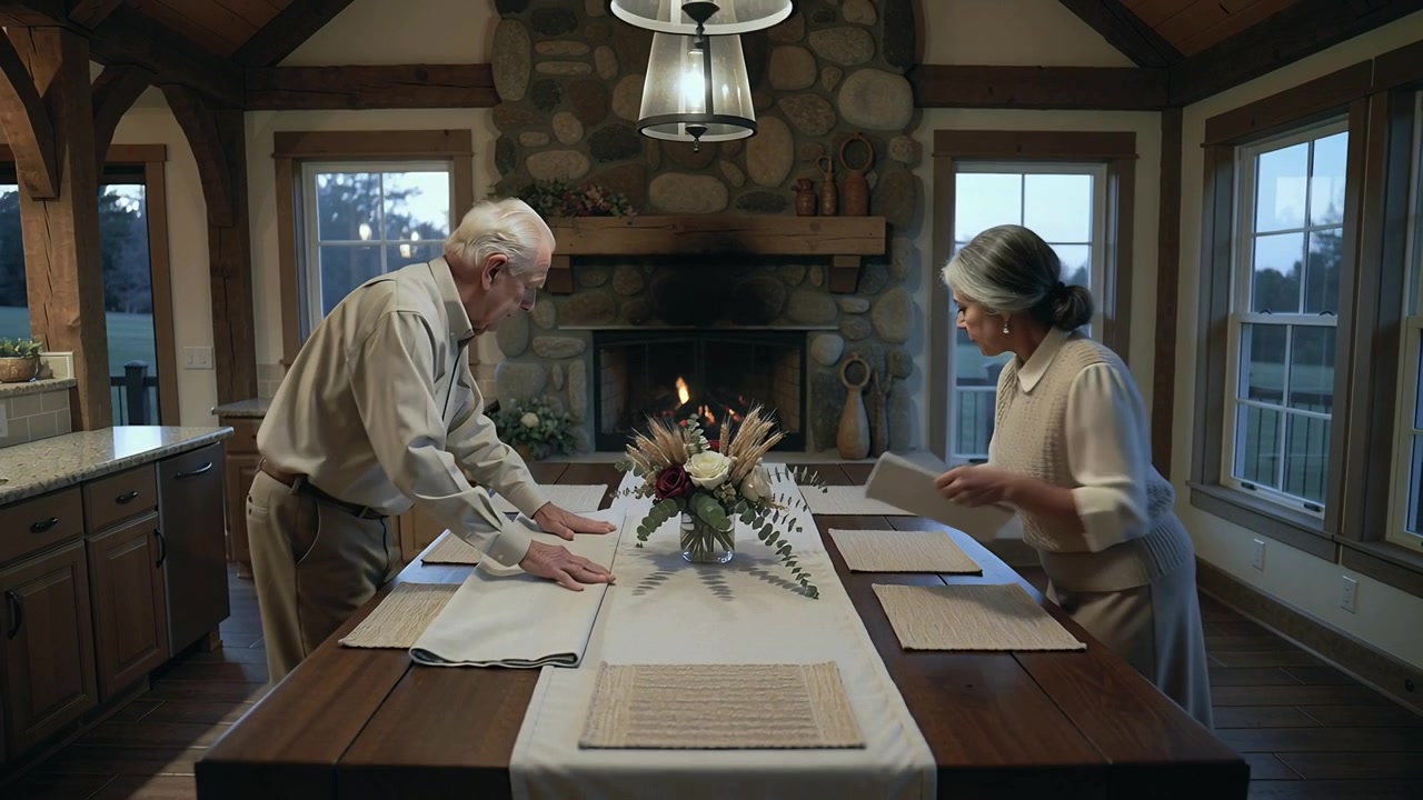 Preparing senior couple arranging linens prompted by evening light at table, man in light shirt