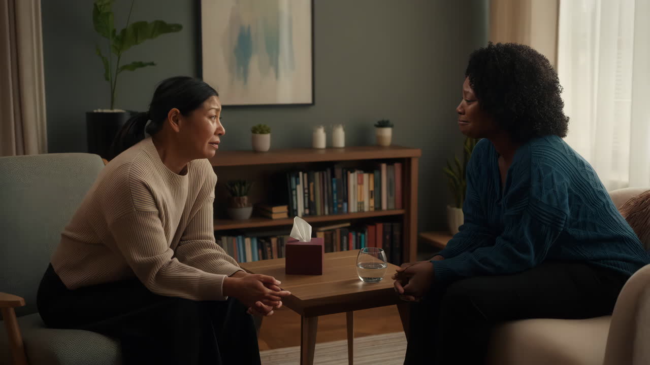 Two women engaged in a therapy or counseling session, with one appearing distressed