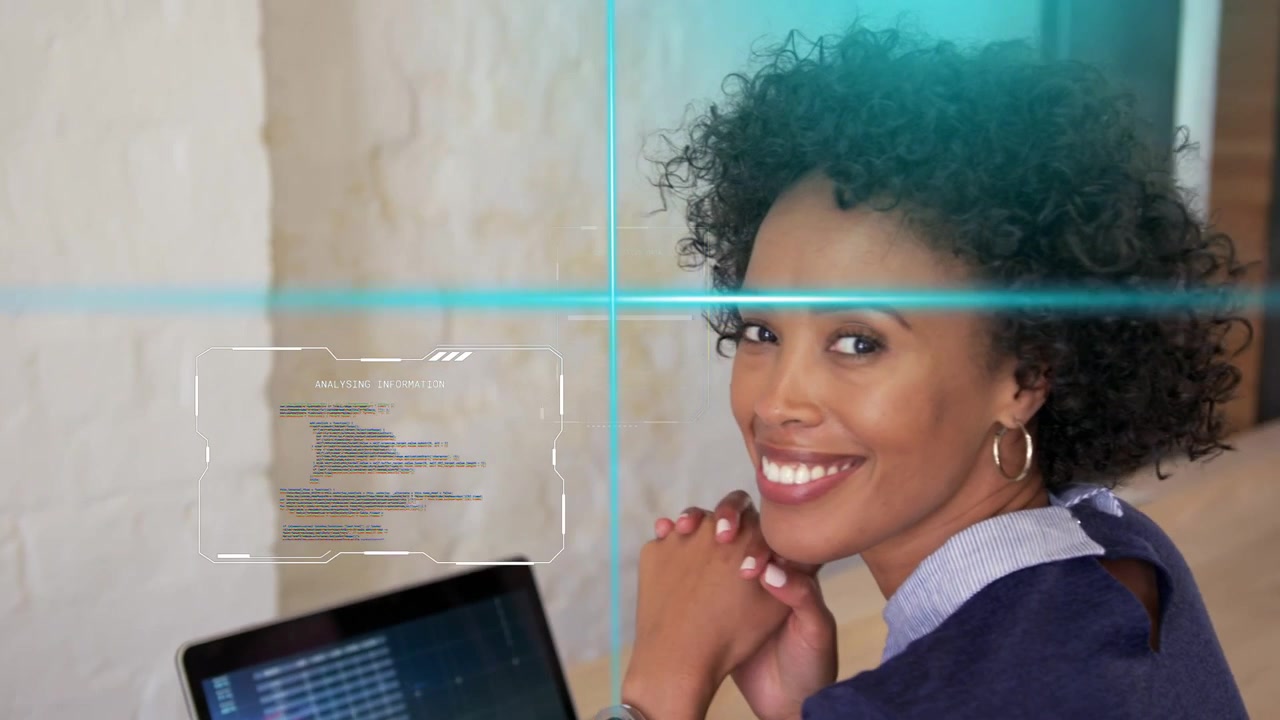 Laptop waking AR panels sliding and scanning as office woman leaning studying dashboard for review