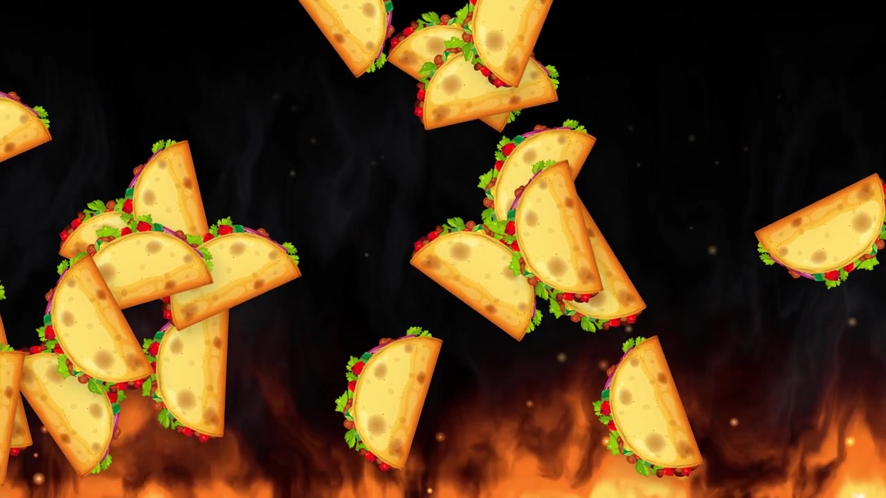 Tacos a fumetto piovono su uno sfondo scuro con fiamme che si alzano e fumo sottile.