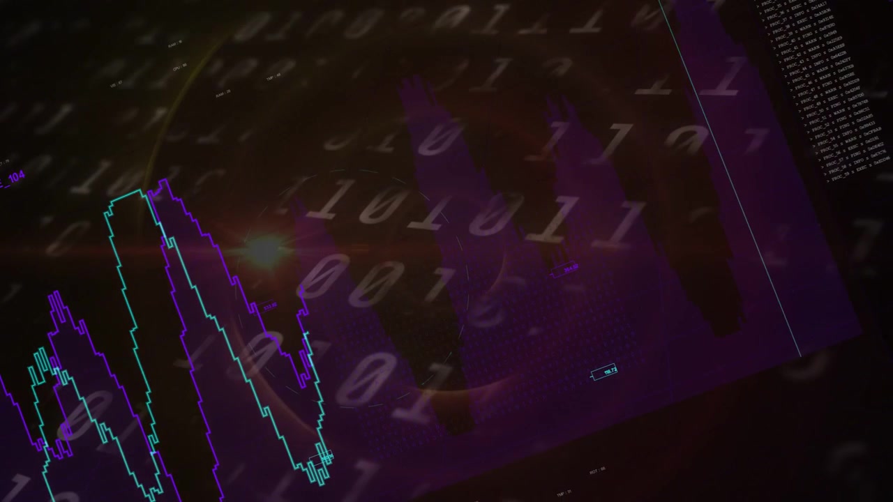 Line graph emerging from left starting waveform climbing binary digits drifting showing data trends
