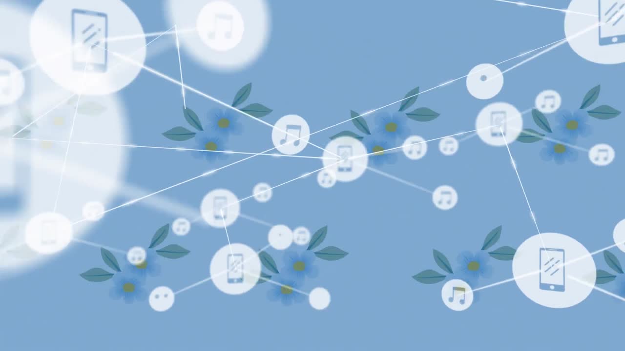 파란색 배경에 있는 꽃 패턴 위의 연결 네트워크의 애니메이션