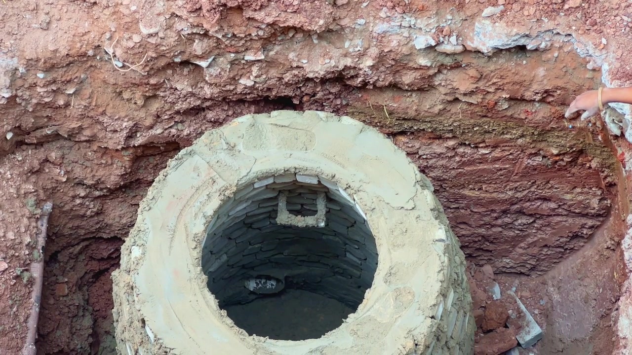 Un tombino in costruzione per la rete fognaria in India.