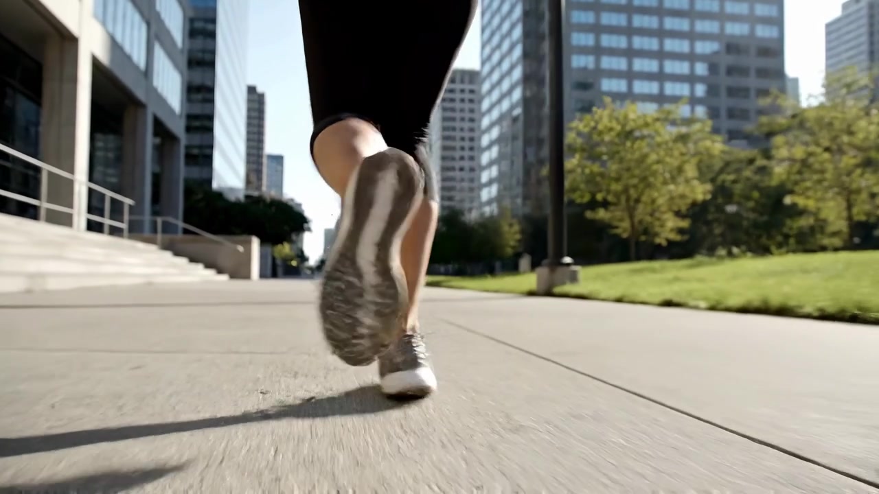Donna che fa jogging sul marciapiede nel centro città