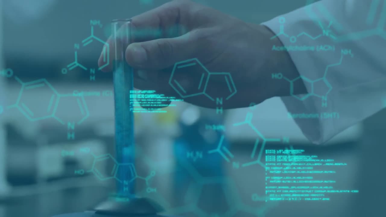 animación del procesamiento de datos a mano con tubo de ensayo en el laboratorio.