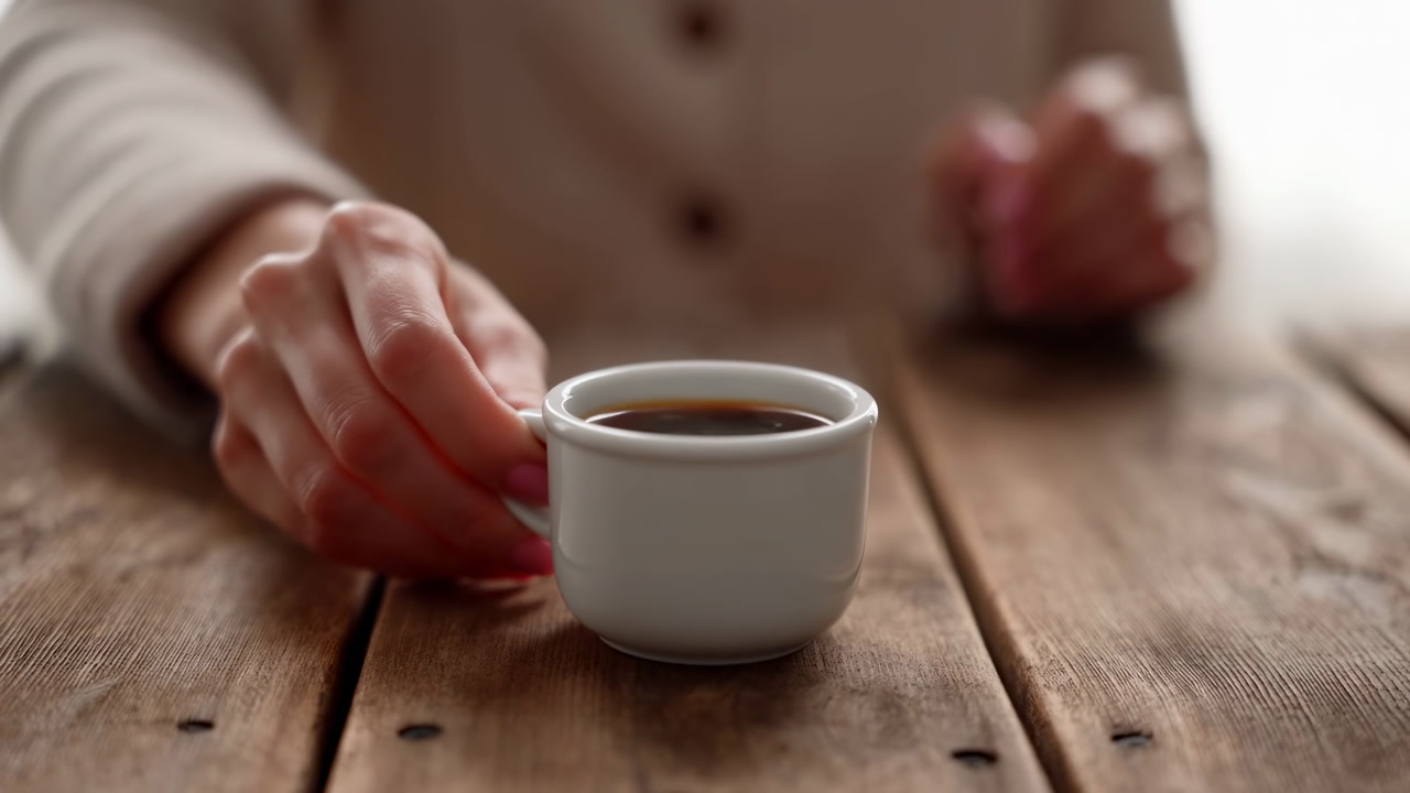 Closeup Hands Holding Coffee Cup, Woman Writer Wearing Beige Sweater, Steam Rising From Ceramic Cup On Rustic