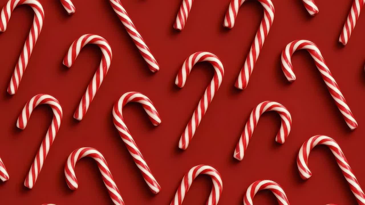 Top-down view of candy canes on red background, perfect for festive video themes