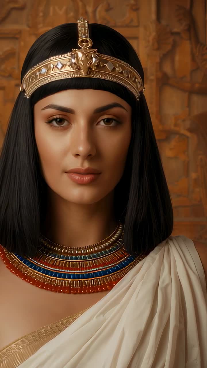 Vertical video: Initial frame showing queen blinking and turning head at studio with gold headdress