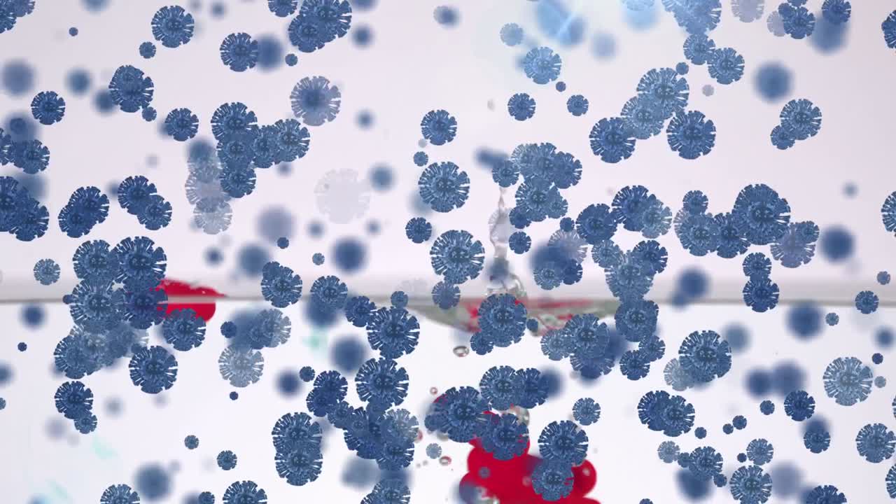 백색 배경에 물에 떨어지는 알약 위에 떠다니는 거대한 코로나19 세포의 애니메이션