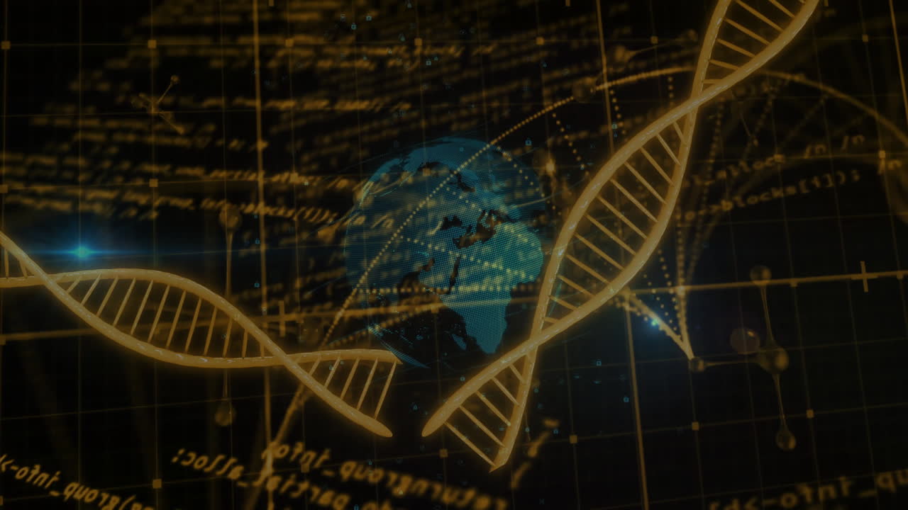 Animation of scientific data processing over globe and dna strands on dark background