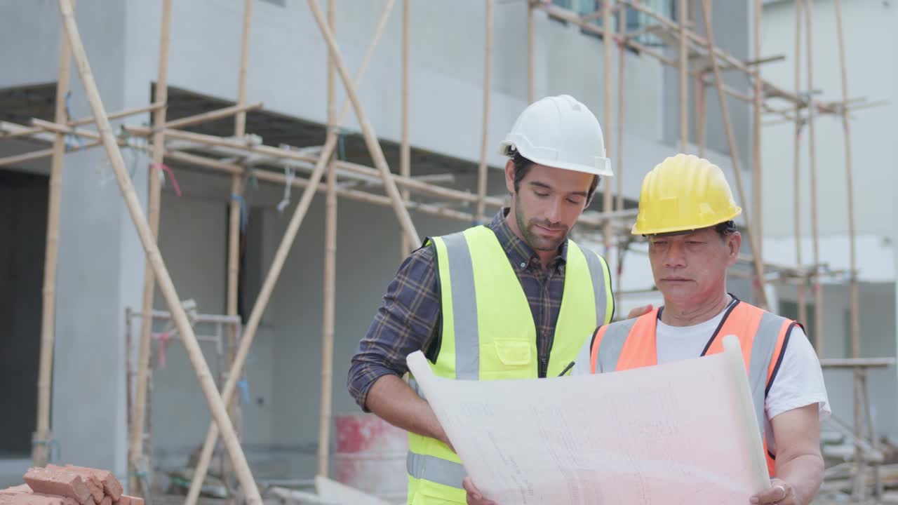 ingeniero civil o arquitecto masculino profesional, inspector con contratista, capataz o trabajador. mientras mira el plan de diseño, inspecciona, discute el proyecto de construcción de la reunión y señala el sitio de construcción.