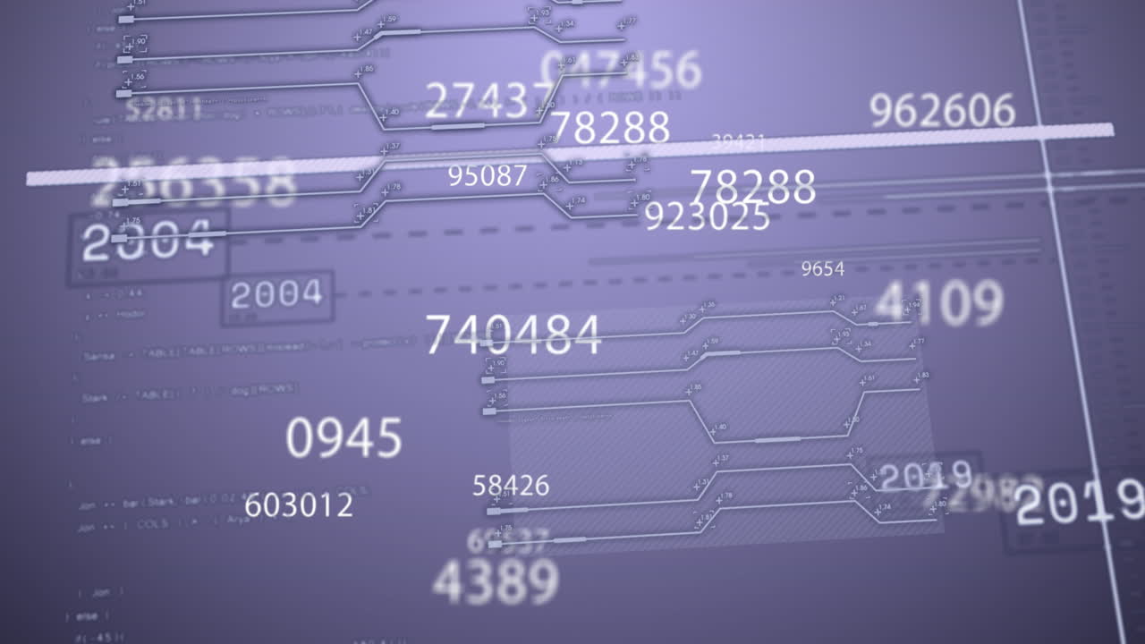 Digital animation of changing numbers and interface with data processing against purple background
